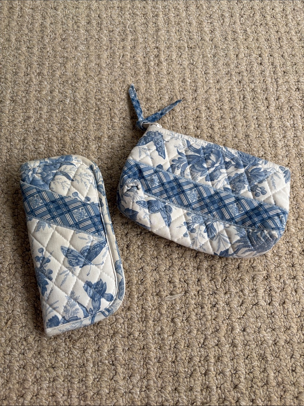 Vintage Vera Bradley Blue Toile Butterfly Cosmetic Case Glasses Holder Set